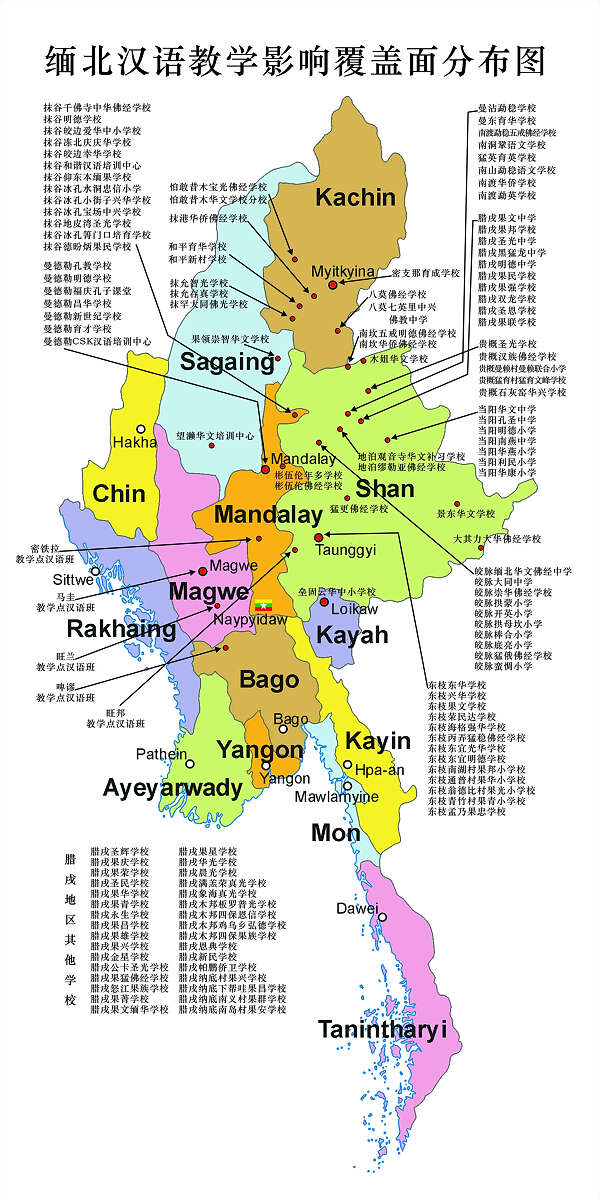 缅北汉语教学覆盖面分布图（缅北华校分布图）曼德勒福庆孔子课堂供稿