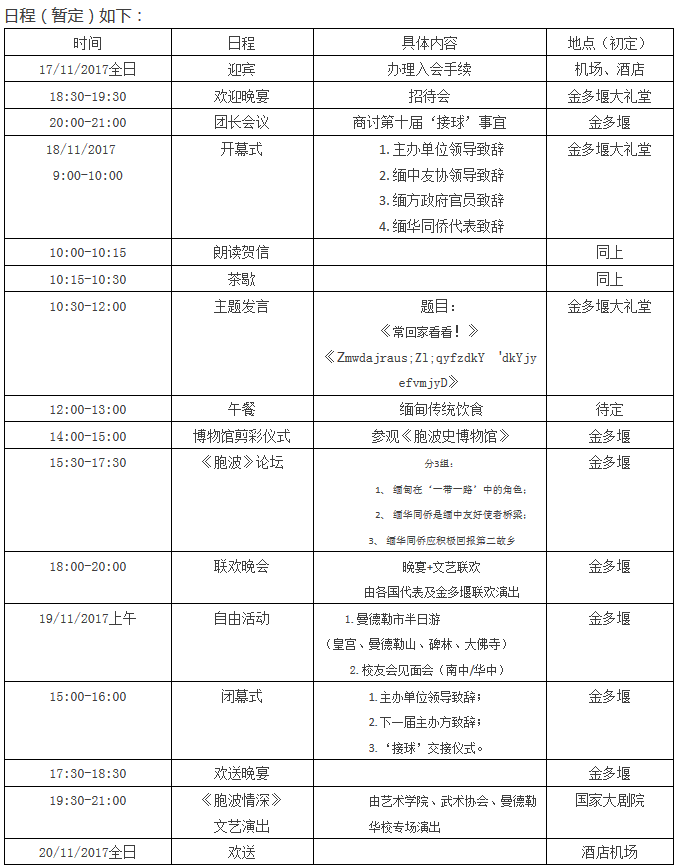 第九届世界缅华同侨联谊大会日程安排
