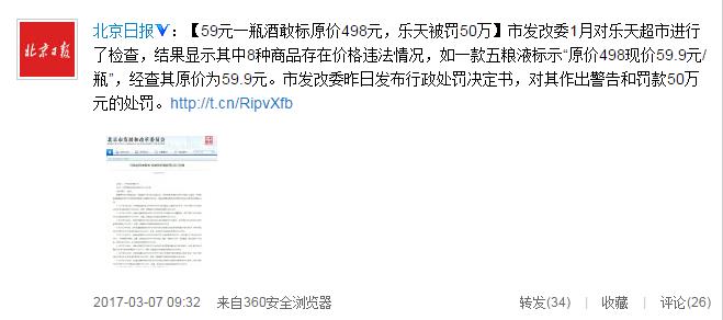 乐天北京一超市被罚50万：59元一瓶酒敢标原价498元