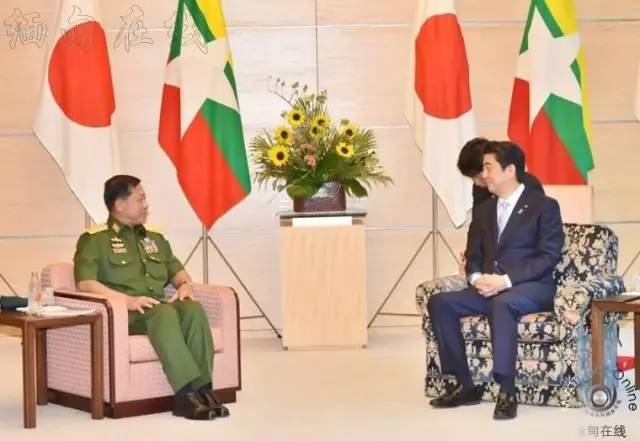 日本首相安倍会见缅军总司令敏昂来