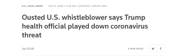 举报！美国卫生部官员：我因早期预警和反对“神药”遭报复