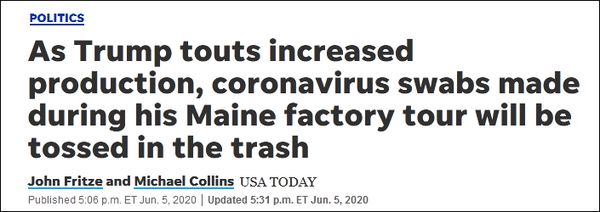 特朗普未戴口罩参观生产拭子，工厂随后宣布扔掉当日产品