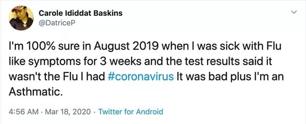 美国网民自曝去年感染新冠，最早在8月