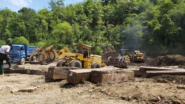 勃固省班统市缉获埋藏地下的100多吨柚木材