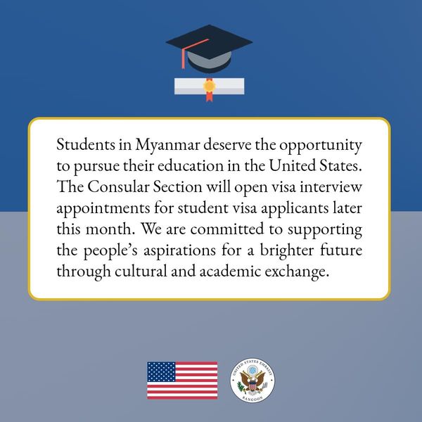 美国驻缅甸大使馆本月恢复学生签证面谈